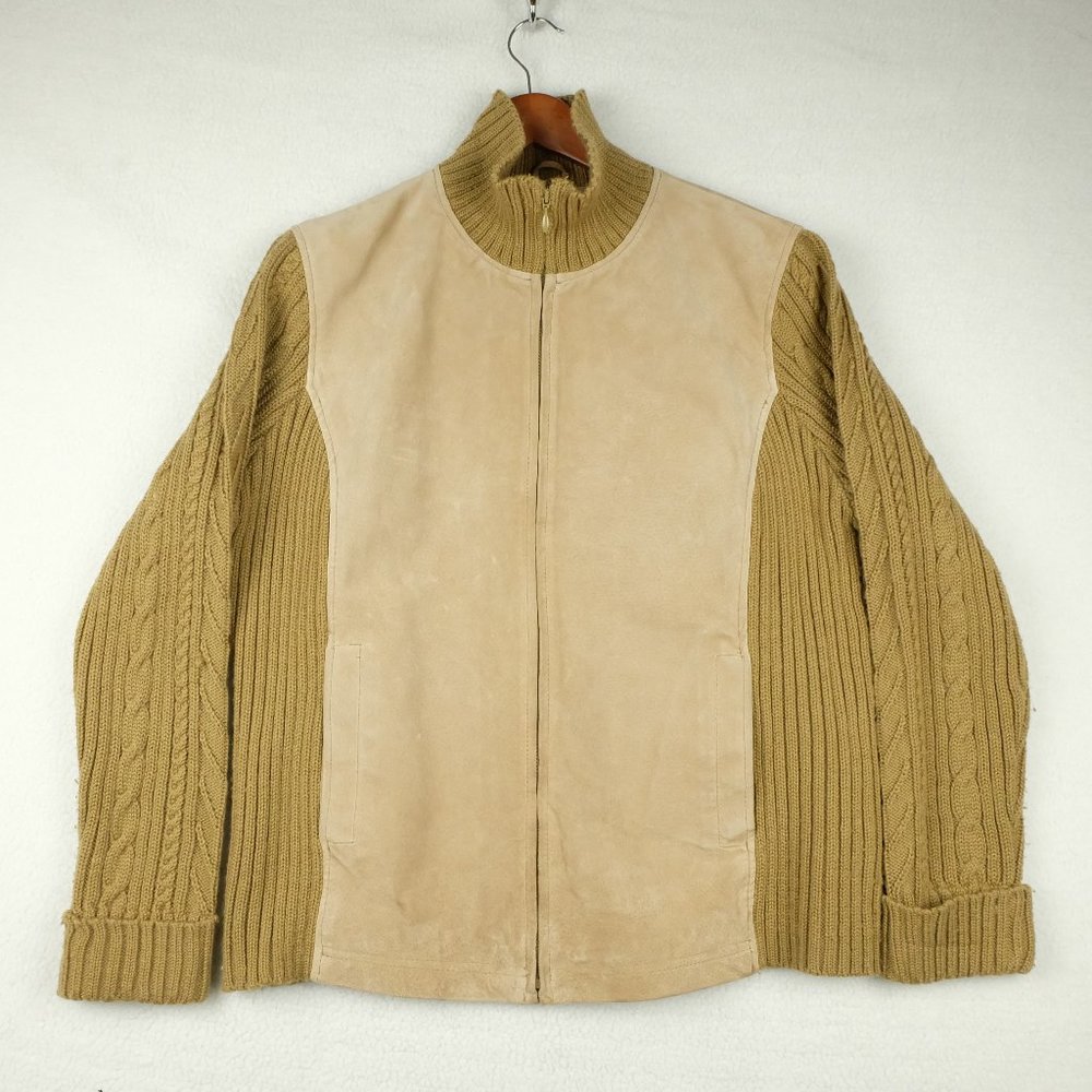 Vintage Womens Suede Leather Jacket Large Beige Full Zip Cable Knit 90s